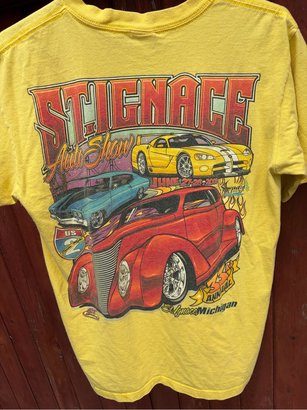 Vintage Anvil Yellow Graphic Tee with Red Logo Accent
